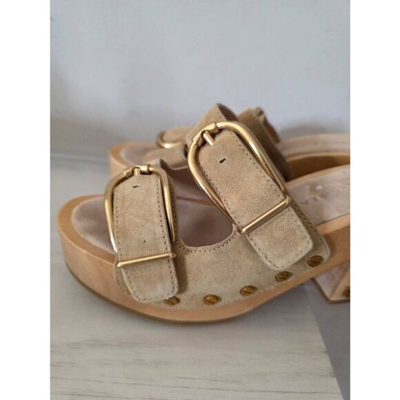 Veronica Beard Halifax Suede Dual Buckle Open Toe High Heel Clog Shoe In Desert - Picture 4 of 9